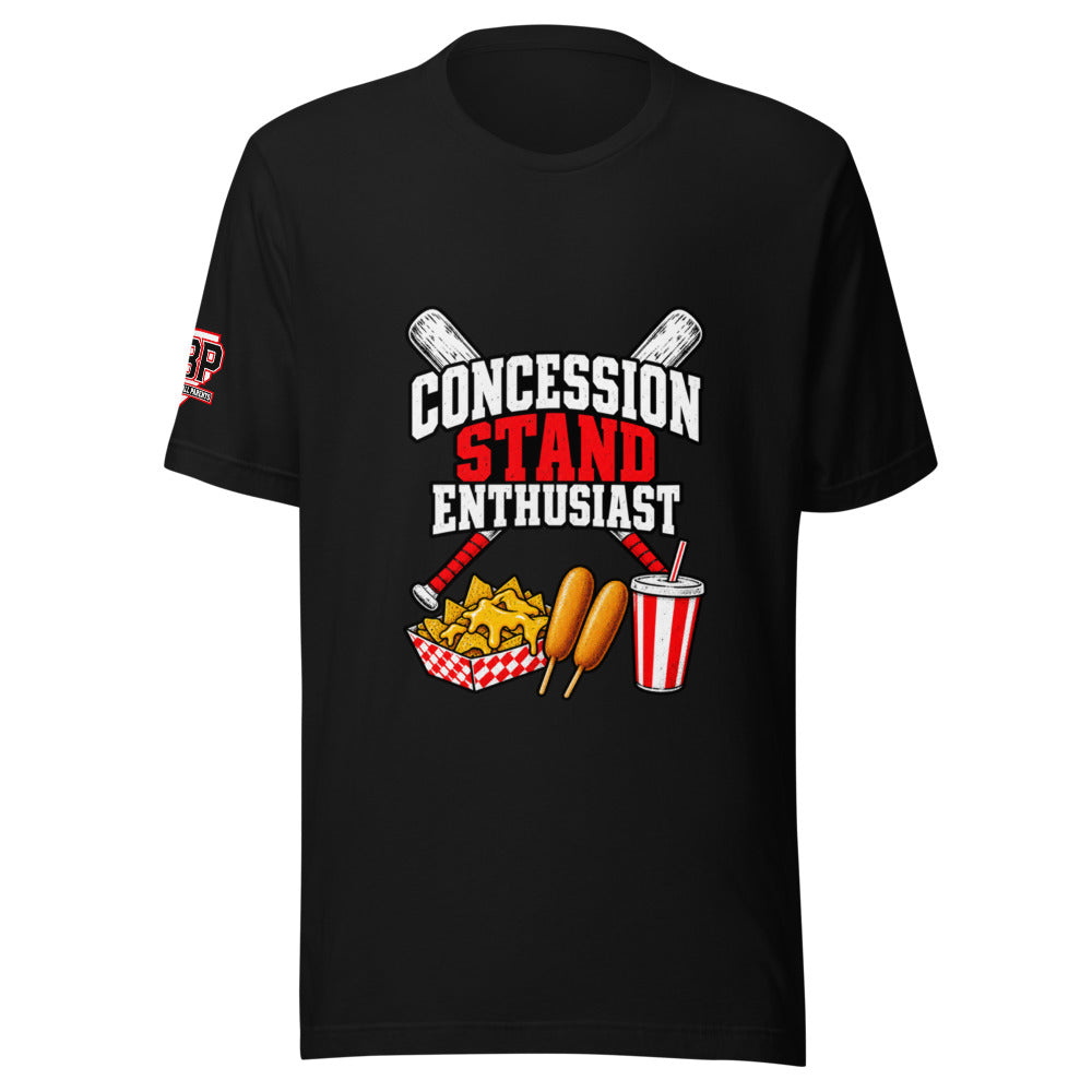 Concession Stand Enthusiast Tee — Black — front view — nachos, corndogs, and soda design