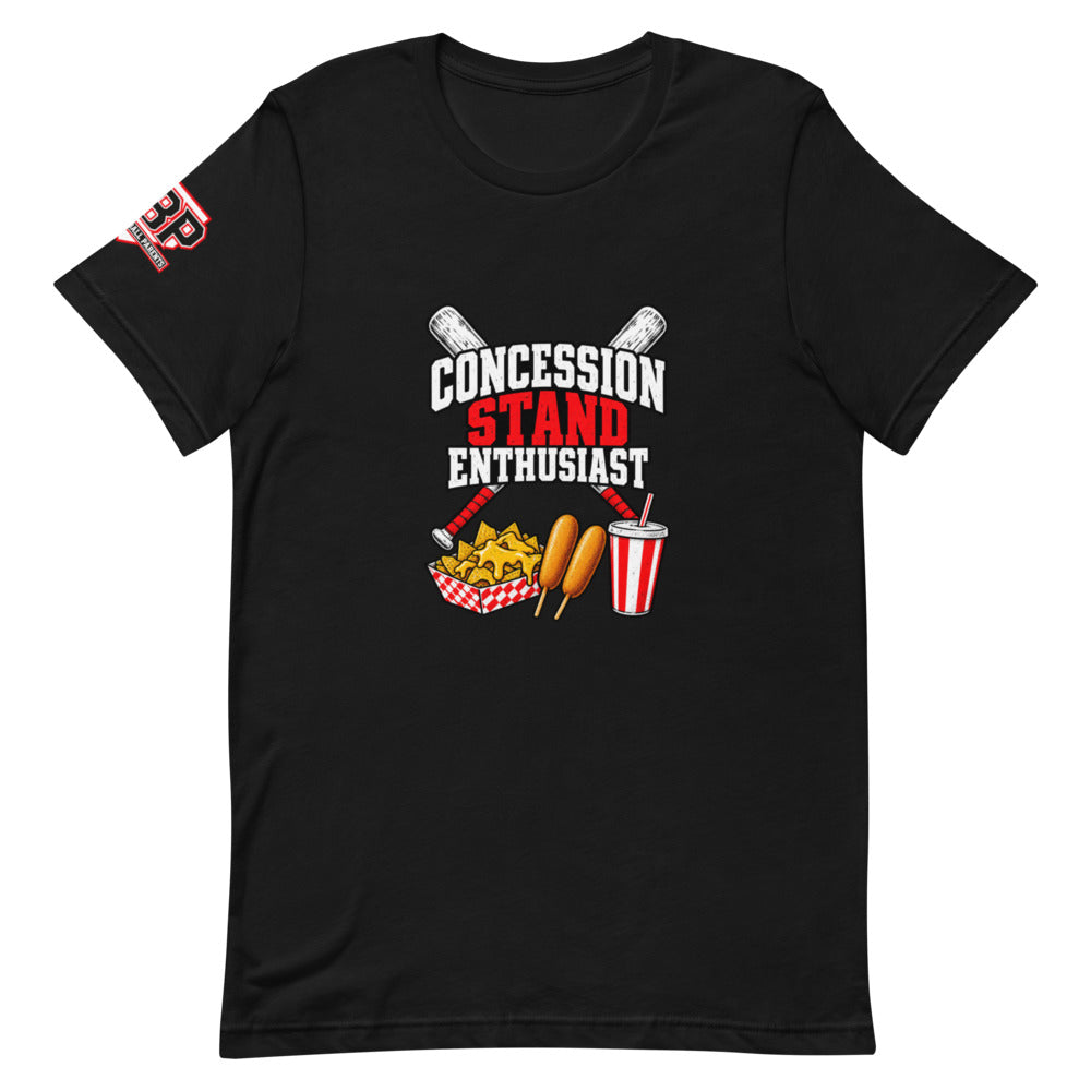 Concession Stand Enthusiast Tee — Black — front view — nachos, corndogs, and soda design