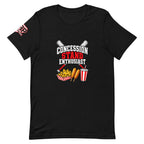 Concession Stand Enthusiast Tee — Black — front view — nachos, corndogs, and soda design