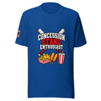 Concession Stand Enthusiast Tee — True Royal — front view — nachos, corndogs, and soda design