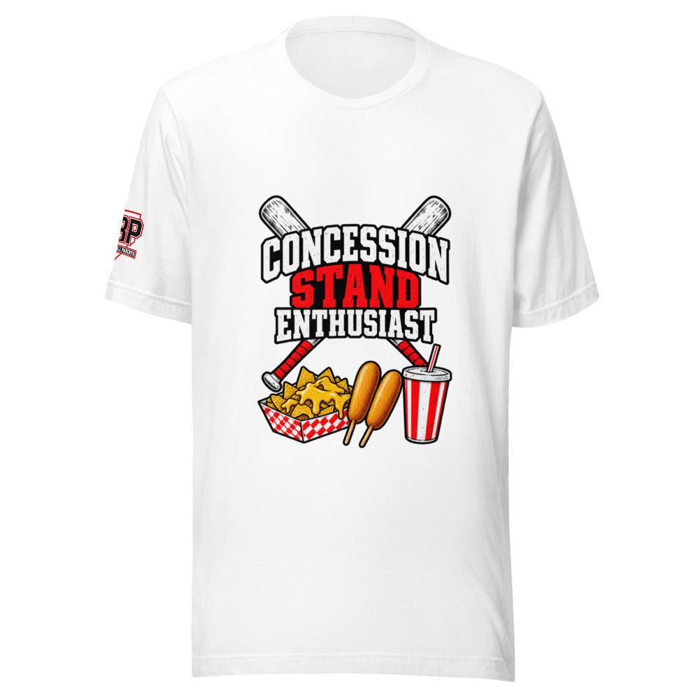Concession Stand Enthusiast Tee — White — front view — nachos, corndogs, and soda design
