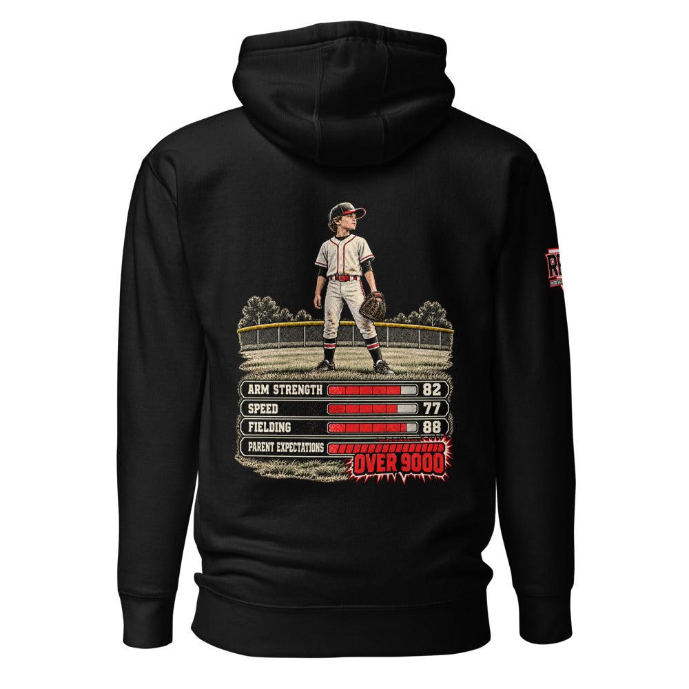 RBP hoodie front and back design, black back with outfielder and stats