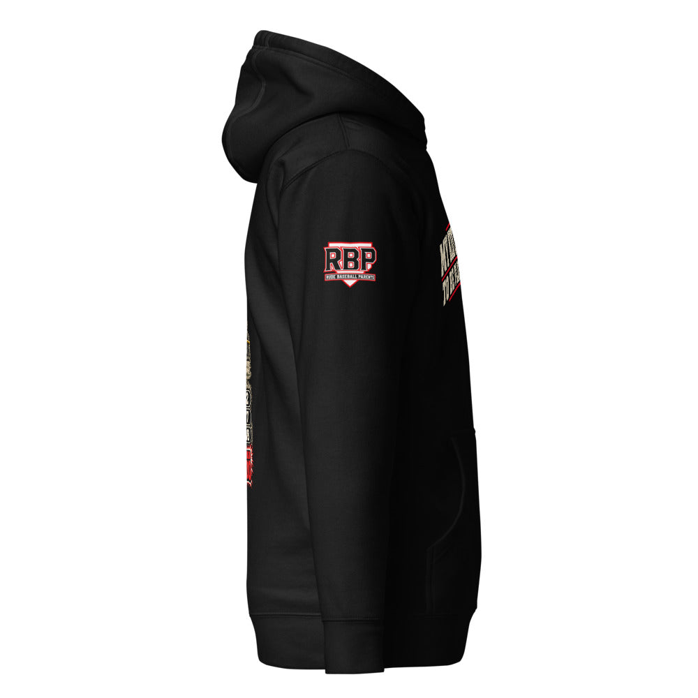 RBP hoodie front and back design, black right sleeve RBP logo