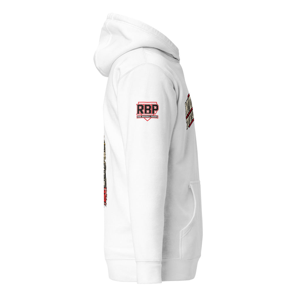 RBP hoodie front and back design, white right sleeve RBP logo
