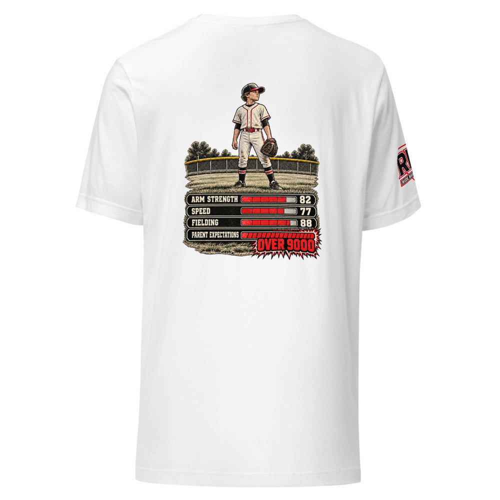 RBP tee front and back design, white back with outfielder and stats