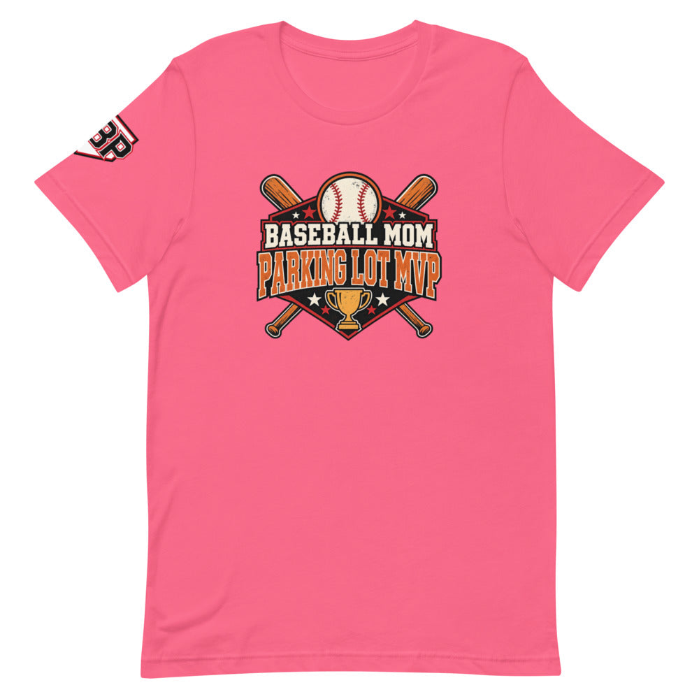 Baseball Mom Parking Lot MVP Tee — Charity Pink — front view