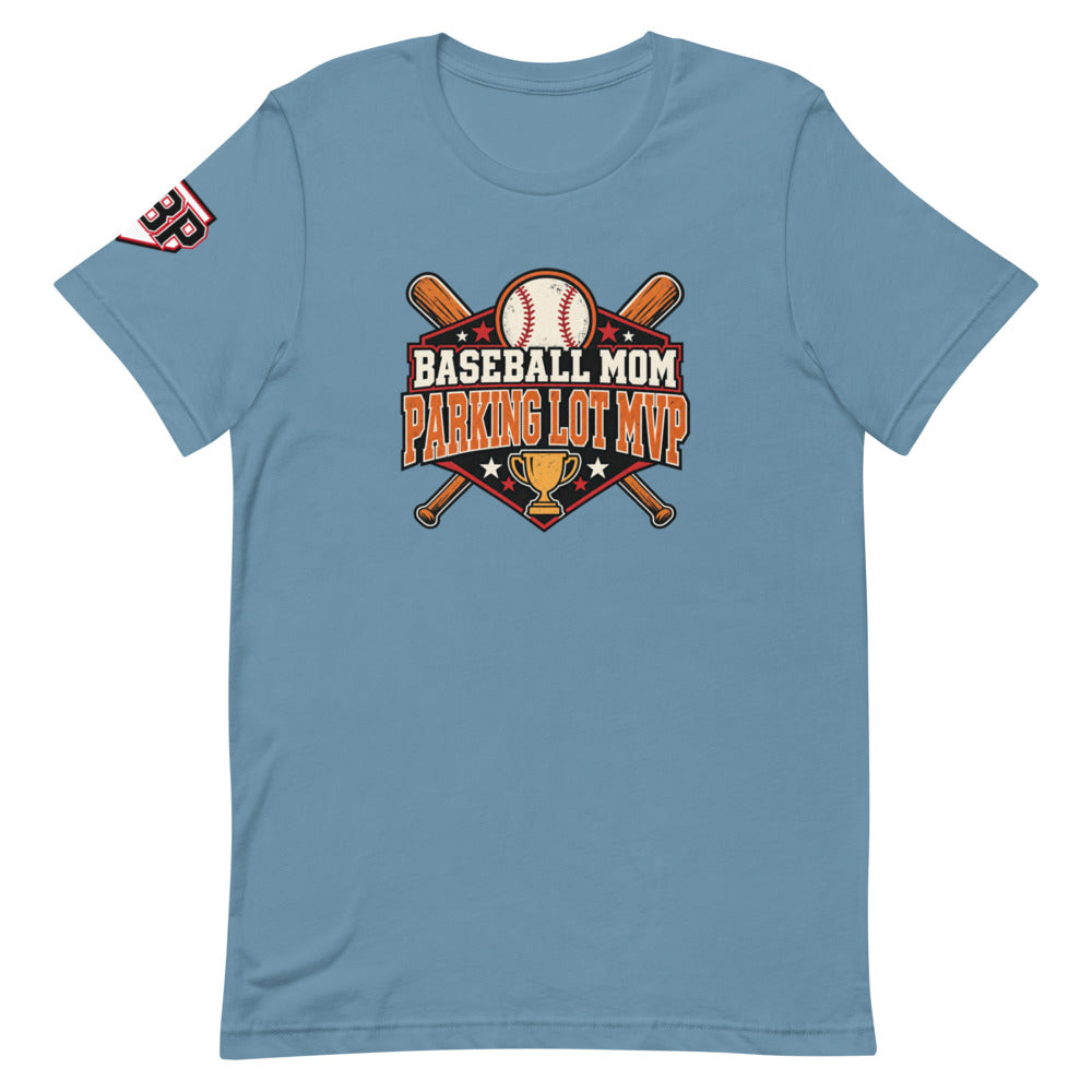 Baseball Mom Parking Lot MVP Tee — Steel Blue — front view